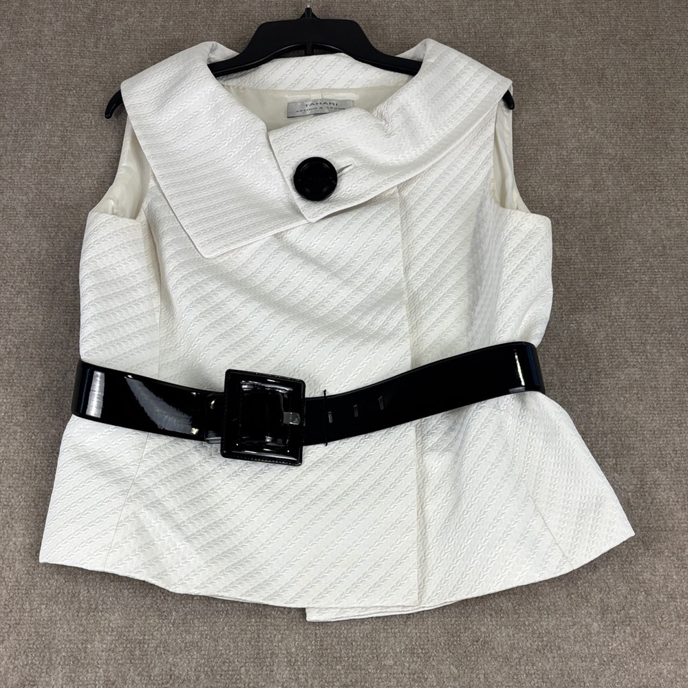 Tahari ASL Women's Chic White‎ Sleeveless Blazer with Black Belt Size 12